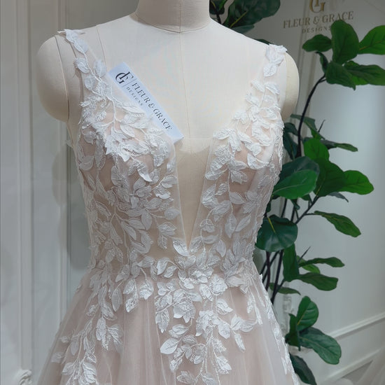 Sia Champagne Tulle Wedding Dress with Floral Lace Appliqué, Deep V-Back A-Line Bridal Gown
