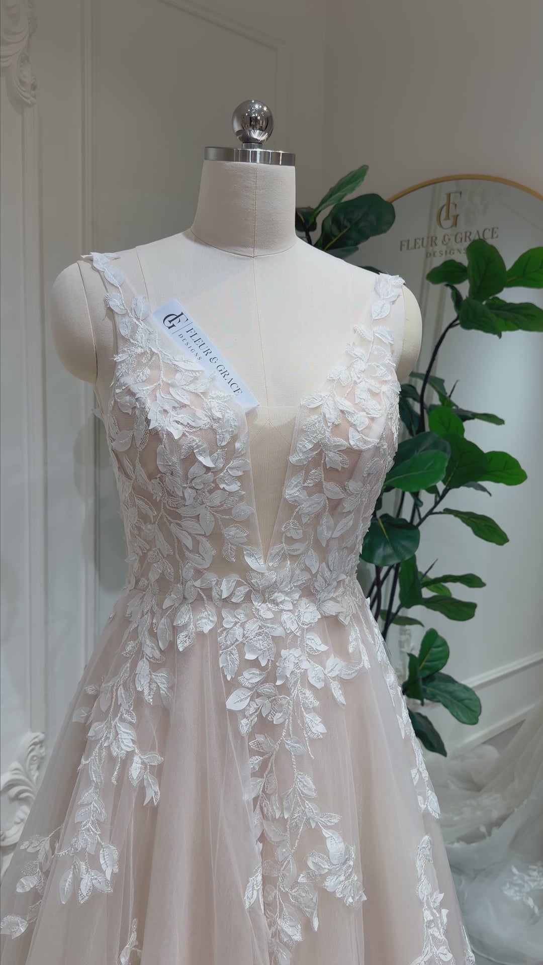 Sia Champagne Tulle Wedding Dress with Floral Lace Appliqué, Deep V-Back A-Line Bridal Gown