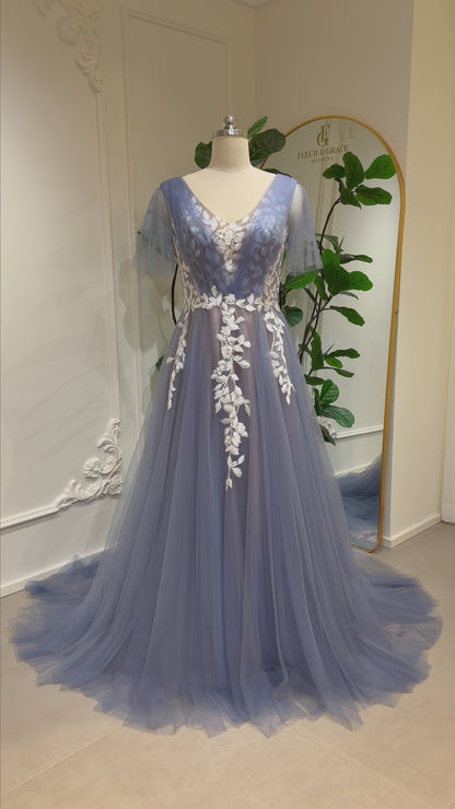 Sabrina - Blue Floral Lace Wedding Dress with Flutter Sleeves