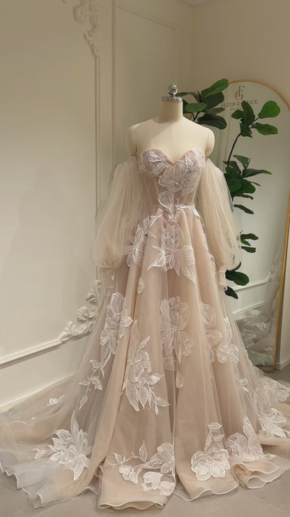 Muse-Floral Basque Waistline Wedding Dresses with Sleeves Removable