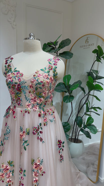 Susan - Blush Floral Embroidered Wedding Dress with Illusion Bodice & Lace-Up Back