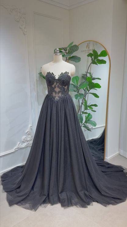 Nyra - Black Gothic Lace Wedding Dress with Detachable Sleeves