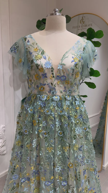 Olive - Green Floral Embroidered Gown with Angel Sleeves