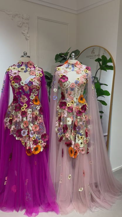 Odette Pink- Floral Corset Ball Gown with Lace-Up Back & Detachable Cape Sleeves