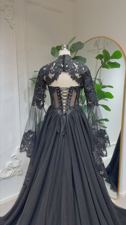 Nyra - Black Gothic Lace Wedding Dress with Detachable Sleeves