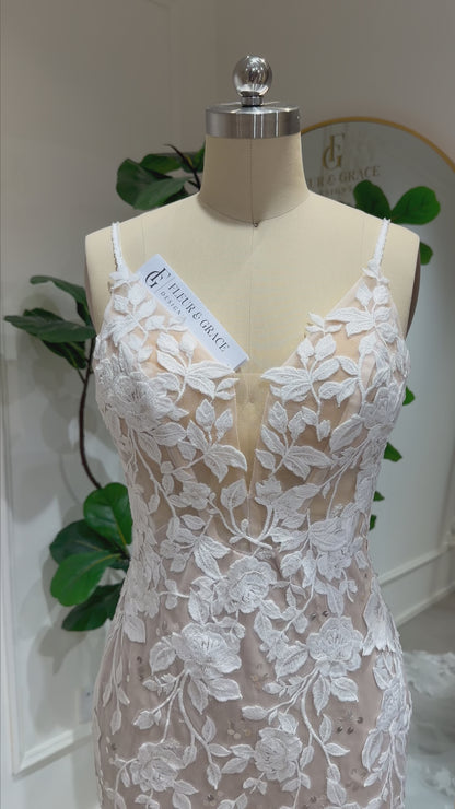 Nola - Mermaid Lace Wedding Dress with Nude Lining & Optional Detachable Cape