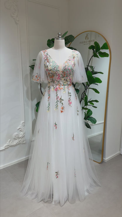 Elina - Floral Wedding Dress with Angel Sleeves & Slit