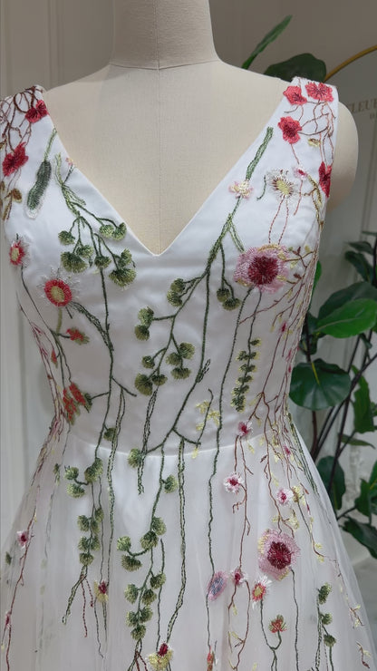 Viola - Floral Embroidered A-Line Wedding Dress with V Back