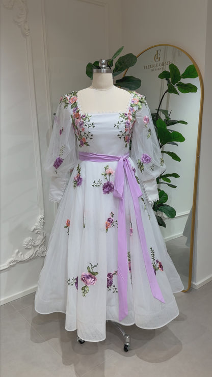 Violet - Lavender Floral Embroidered Tea-Length Wedding Dress with Puff Sleeves & Corset Back