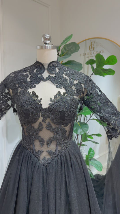 Nyra - Black Gothic Lace Wedding Dress with Detachable Sleeves