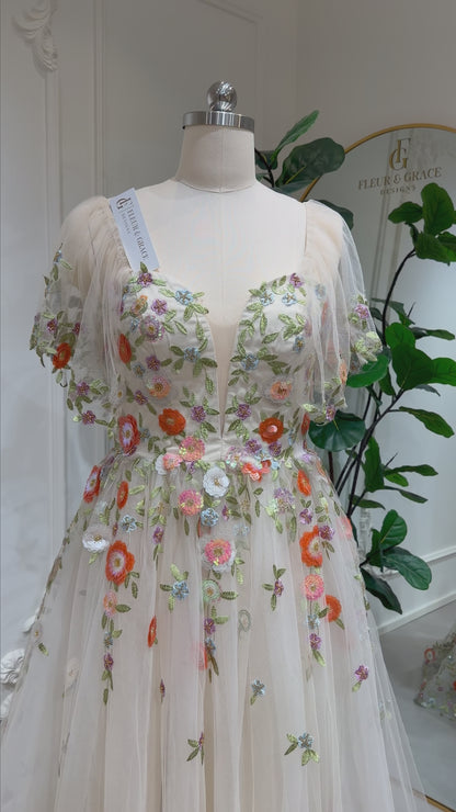 Raya - Floral Embroidered Wedding Dress with Angel Sleeves, Corset Back