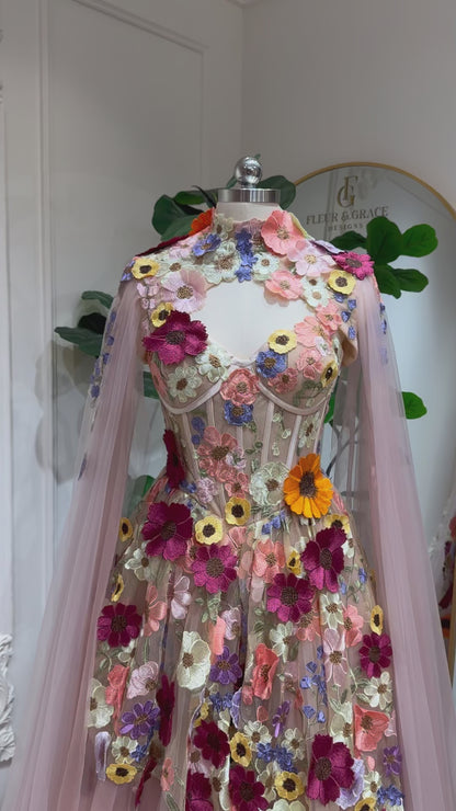 Odette Pink- Floral Corset Ball Gown with Lace-Up Back & Detachable Cape Sleeves