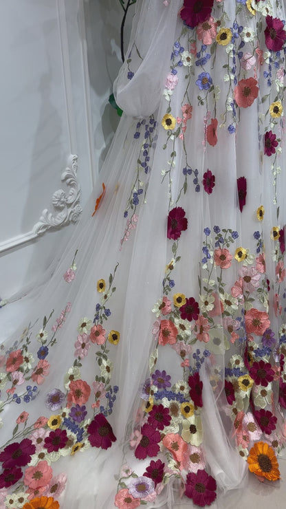 Alina - 3D Floral Wedding Dress with Off-the-Shoulder Sleeves