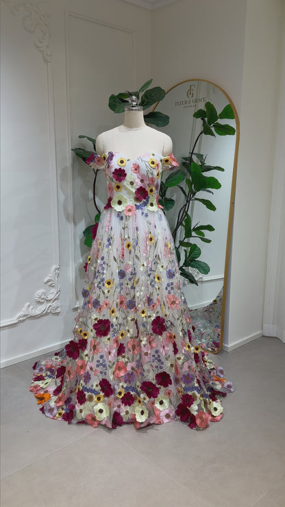 Sally - Floral Embroidered Wedding Dress with Off Shoulder Sleeves