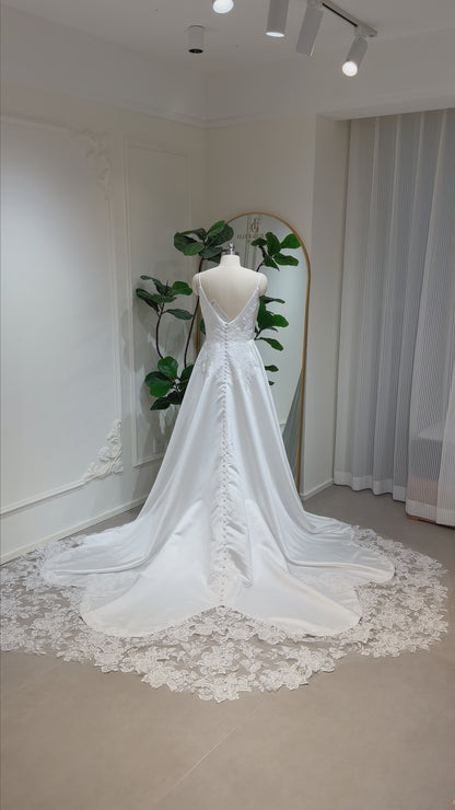 Tate - Satin A-Line Wedding Dress with Lace Appliquéd Train