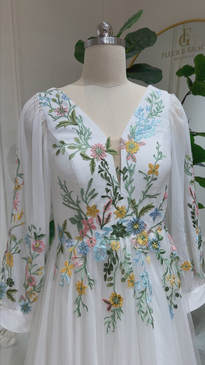Abella - Floral Embroidered Wedding Dress with Long Sleeves