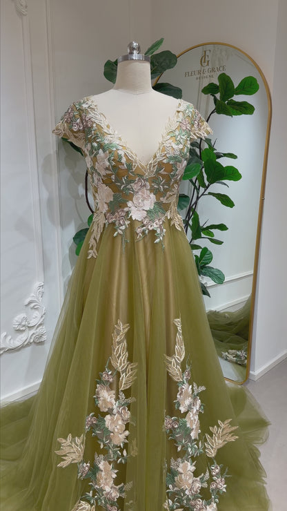 Sage - Olive Green Floral Embroidered Wedding Dress with Long Tulle Train