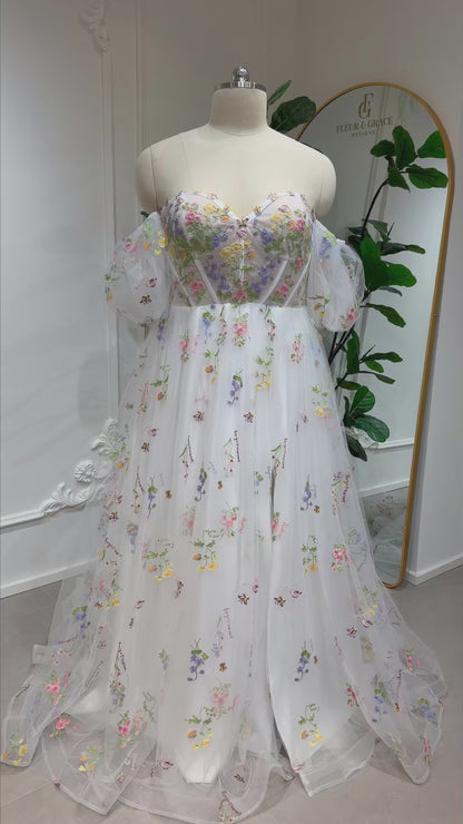 Elora - Floral Embroidered Wedding Dress with Detachable Sleeves
