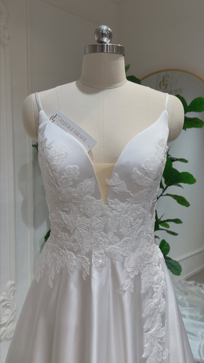 Tate - Satin A-Line Wedding Dress with Lace Appliquéd Train