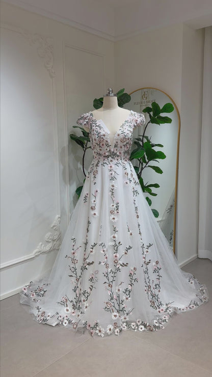 Kate Gown with Cap Sleeves, Floral Wedding Dress with 3D Blossom Embroidery