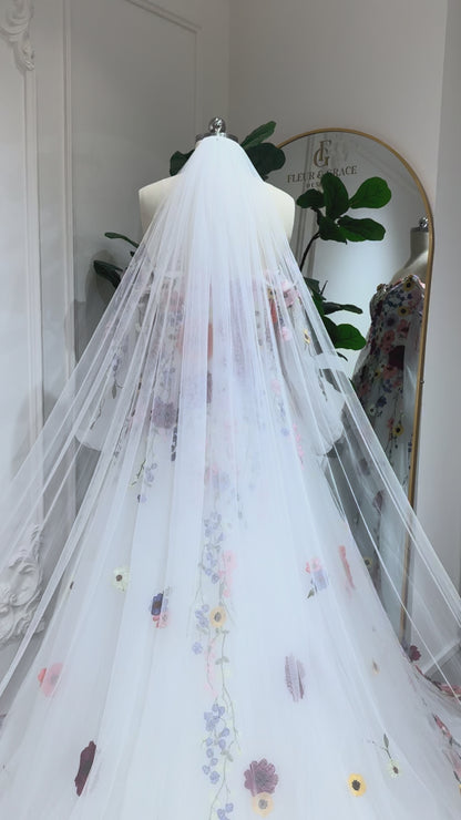 Alina Veil - Cathedral Wedding Veil with 3D Embroidered Flowers