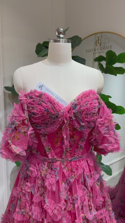 Lisa - Floral Ruffled Gown with Off-the-Shoulder Puff Sleeves Prom Dress
