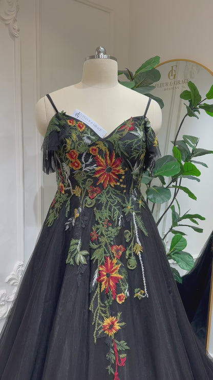 Lumina - Black Floral Embroidered Wedding Dress with Spaghetti Straps