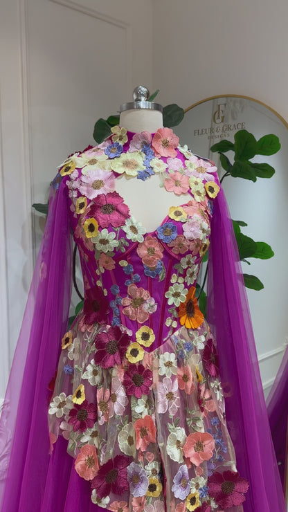 Odette Magenta- Floral Appliqué Corset Gown with Detachable Cape Sleeves & Tulle Skirt