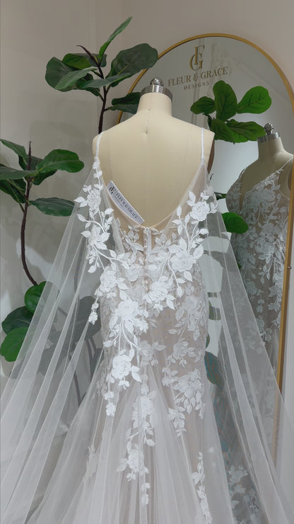 Nola - Mermaid Lace Wedding Dress with Nude Lining & Optional Detachable Cape